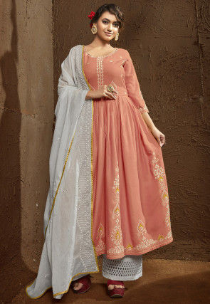 Embroidered Rayon Pakistani Suit in Peach