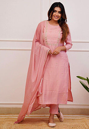 Embroidered Rayon Pakistani Suit in Peach