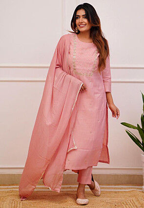 Embroidered Rayon Pakistani Suit in Peach