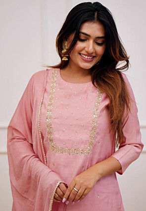 Embroidered Rayon Pakistani Suit in Peach