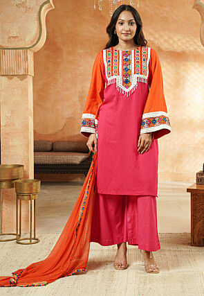 Embroidered Rayon Pakistani Suit in Pink and Orange