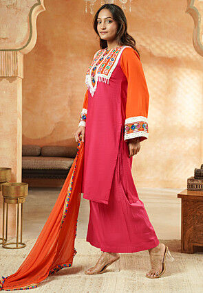 Embroidered Rayon Pakistani Suit in Pink and Orange