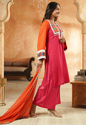 Embroidered Rayon Pakistani Suit in Pink and Orange