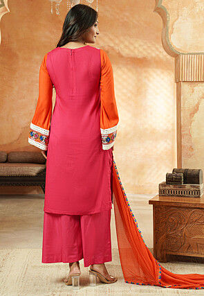 Embroidered Rayon Pakistani Suit in Pink and Orange