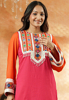 Embroidered Rayon Pakistani Suit in Pink and Orange