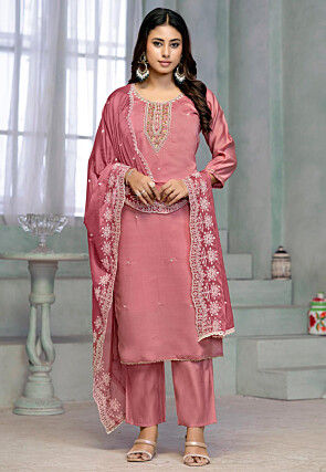 Embroidered Rayon Pakistani Suit in Pink
