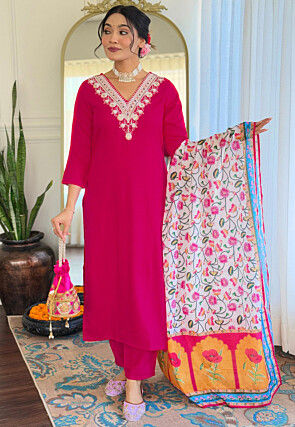Embroidered Rayon Pakistani Suit in Pink