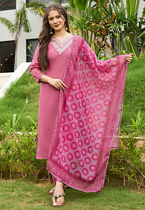 Embroidered Rayon Pakistani Suit in Pink