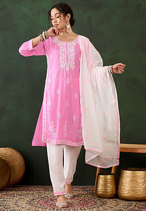 Embroidered Rayon Pakistani Suit in Pink