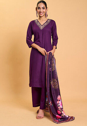 Embroidered Rayon Pakistani Suit in Purple