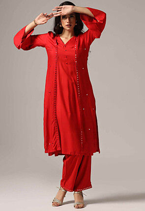 Embroidered Rayon Pakistani Suit in Red