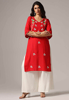 Embroidered Rayon Pakistani Suit in Red