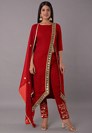 Embroidered Rayon Pakistani Suit in Red