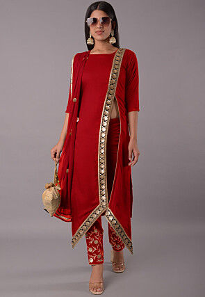Embroidered Rayon Pakistani Suit in Red