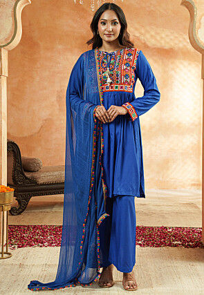 Embroidered Rayon Pakistani Suit in Royal Blue