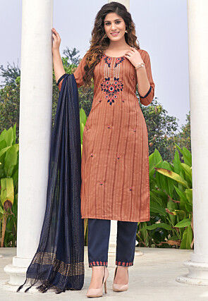 Embroidered Rayon Pakistani Suit in Rust