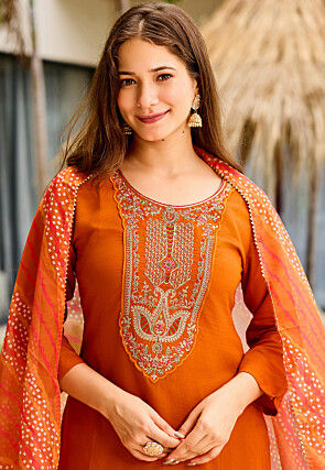 Embroidered Rayon Pakistani Suit in Rust