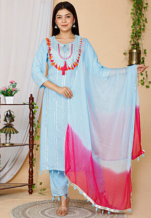 Embroidered Rayon Pakistani Suit in Sky Blue