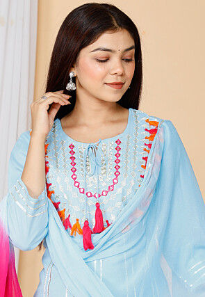 Embroidered Rayon Pakistani Suit in Sky Blue