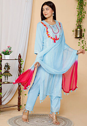 Embroidered Rayon Pakistani Suit in Sky Blue