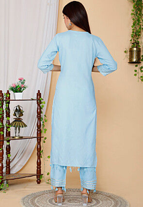 Embroidered Rayon Pakistani Suit in Sky Blue