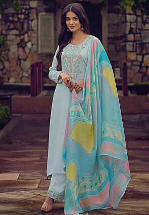 Embroidered Rayon Pakistani Suit in Sky Blue