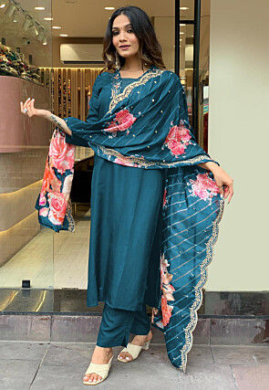 Embroidered Rayon Pakistani Suit in Teal Blue