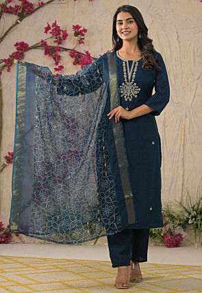 Embroidered Rayon Pakistani Suit in Teal Blue