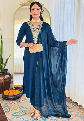 Embroidered Rayon Pakistani Suit in Teal Blue