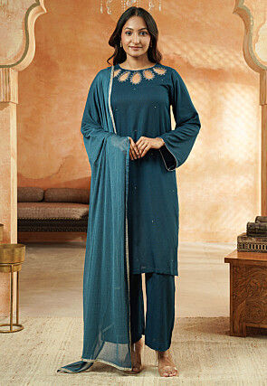 Embroidered Rayon Pakistani Suit in Teal Blue
