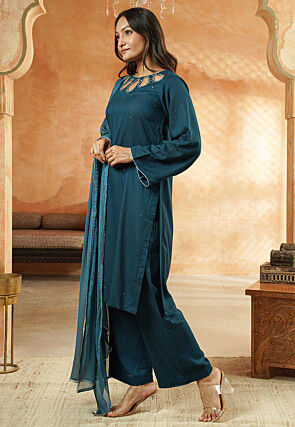 Embroidered Rayon Pakistani Suit in Teal Blue