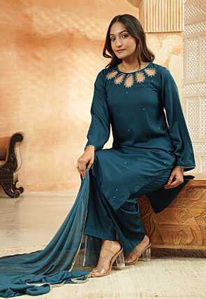 Embroidered Rayon Pakistani Suit in Teal Blue