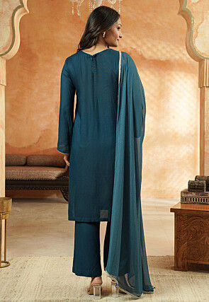 Embroidered Rayon Pakistani Suit in Teal Blue