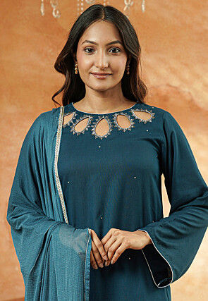 Embroidered Rayon Pakistani Suit in Teal Blue