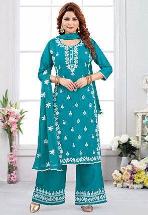 Embroidered Rayon Pakistani Suit in Turquoise