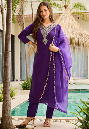 Embroidered Rayon Pakistani Suit in Violet