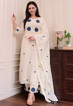 Embroidered Rayon Pakistani Suit in White