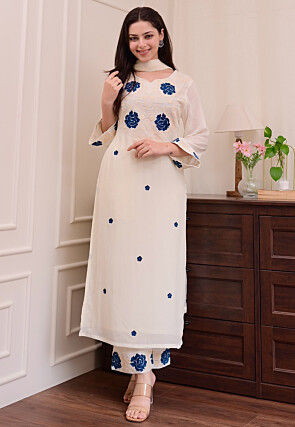 Embroidered Rayon Pakistani Suit in White