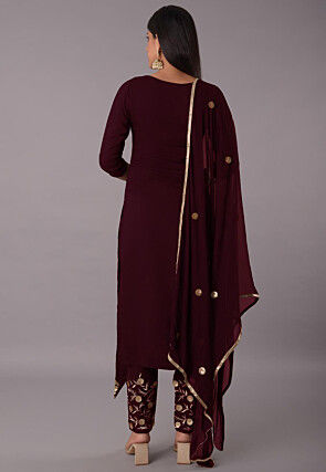 Embroidered Rayon Pakistani Suit in Wine