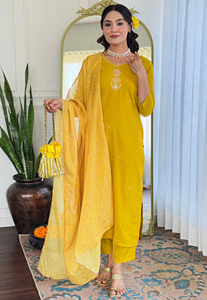 Embroidered Rayon Pakistani Suit in Yellow