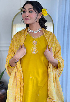Embroidered Rayon Pakistani Suit in Yellow