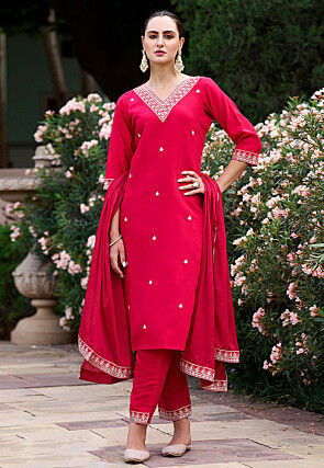 Embroidered Rayon Pakistani Suit in Fuchsia