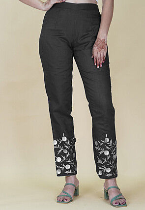 Embroidered Rayon Pant in Black