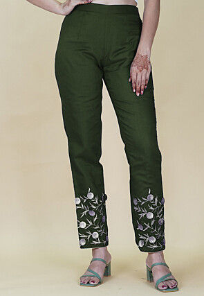 Embroidered Rayon Pant in Dark Green