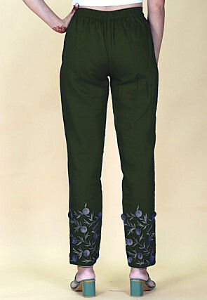 Embroidered Rayon Pant in Dark Green