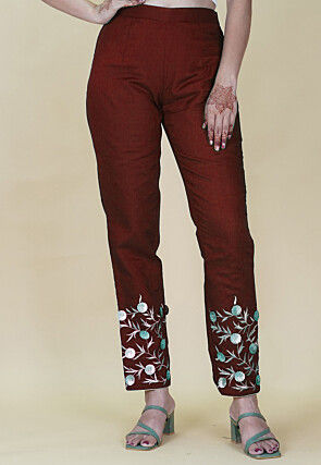 Embroidered Rayon Pant in Maroon