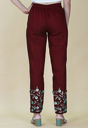 Embroidered Rayon Pant in Maroon