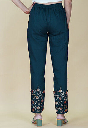 Embroidered Rayon Pant in Teal Blue