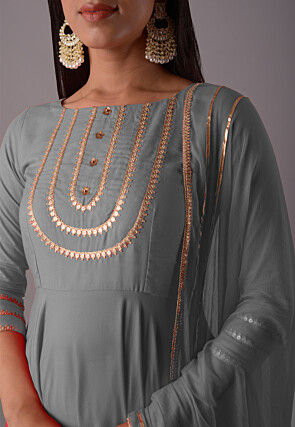 Embroidered Rayon Punjabi Suit in Grey