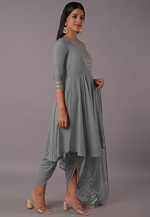 Embroidered Rayon Punjabi Suit in Grey
